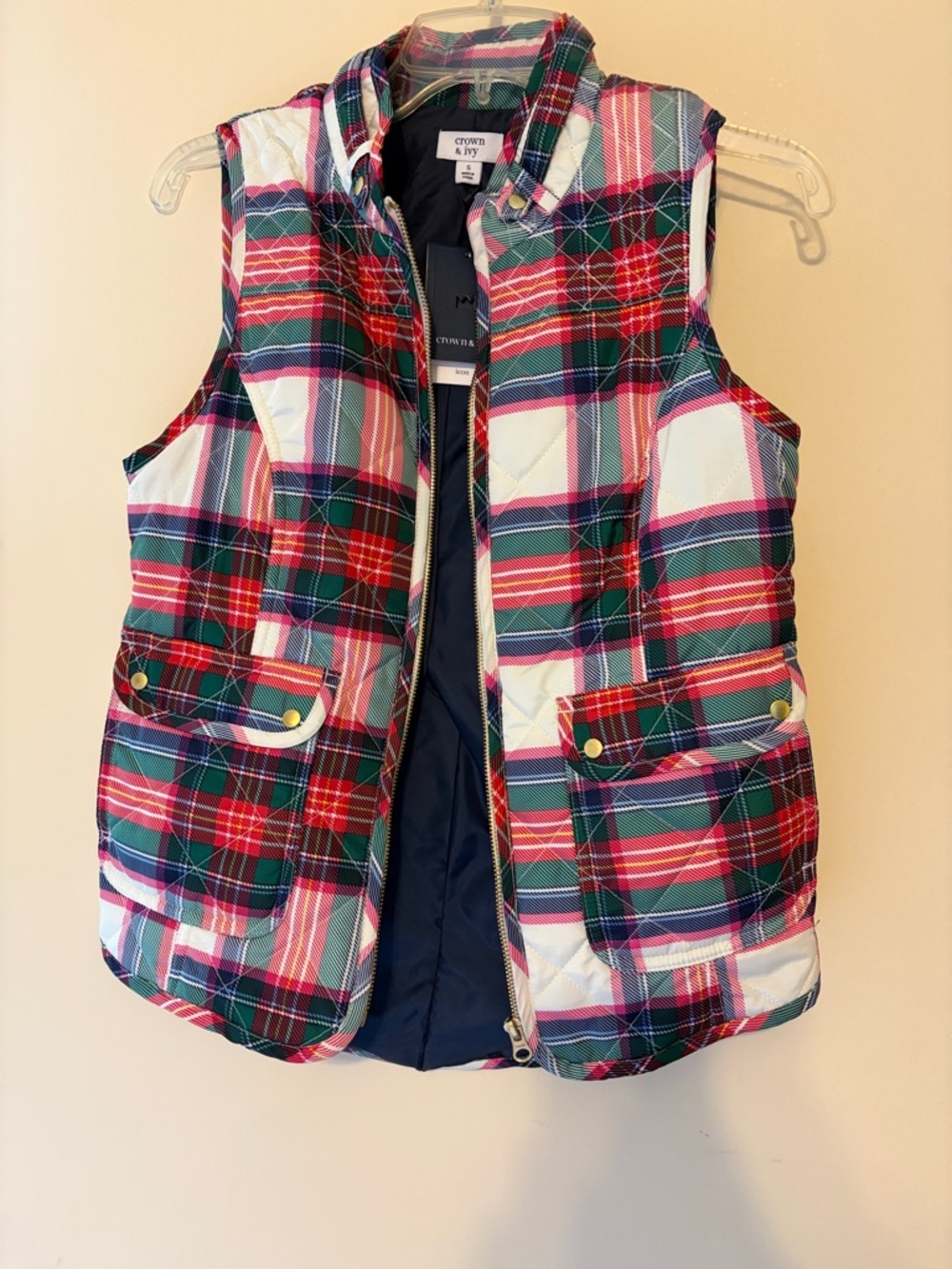 crown & ivy Red Green Plaid Quilted Vest